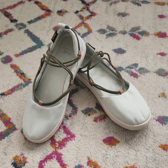 Teva Women's Light Green Canvas Slip-On Flats with Olive Straps - Picture 3 of 11